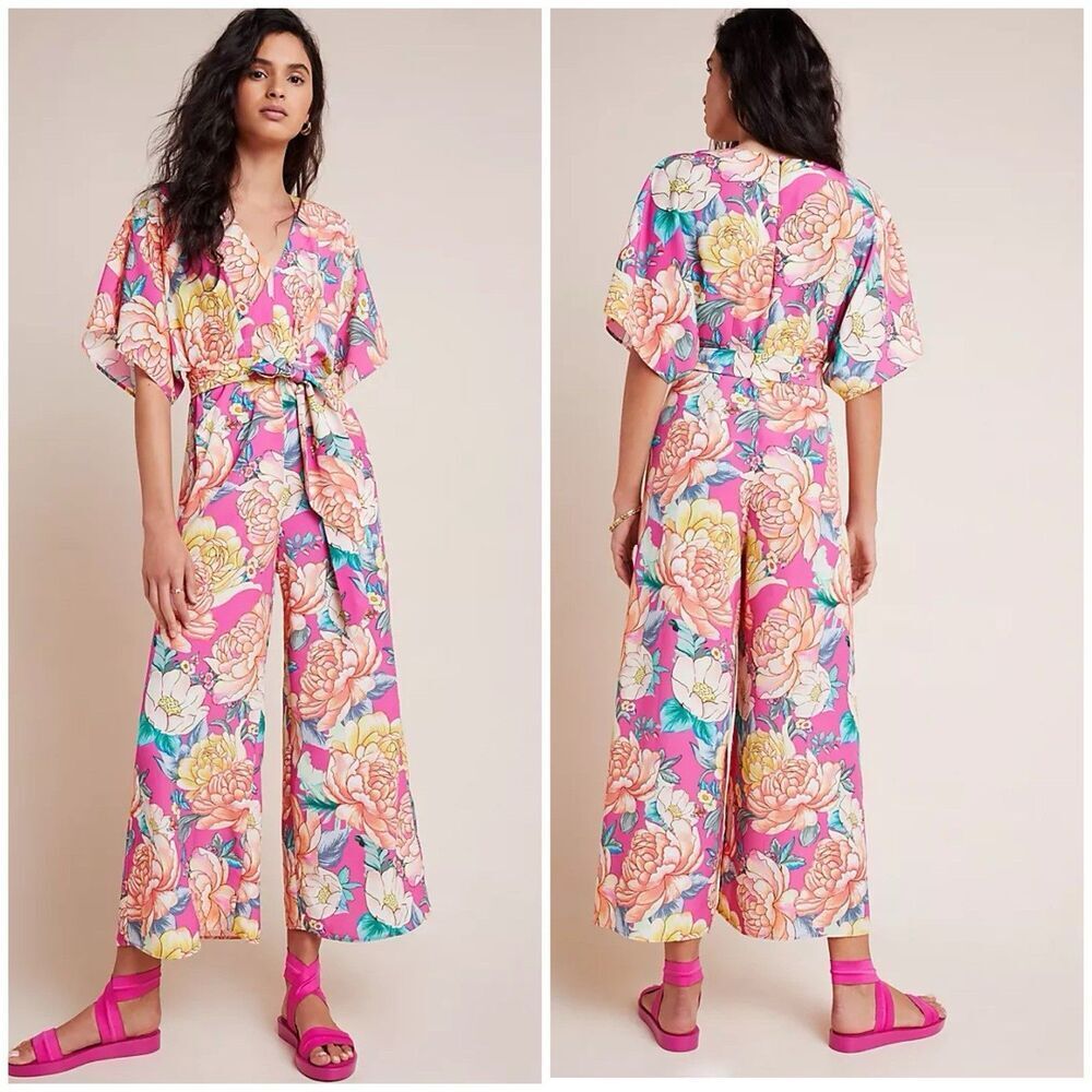 Farm Rio x Anthropologie Floral Eulalie Jumpsuit Wide Leg Dolman Pink Size XS